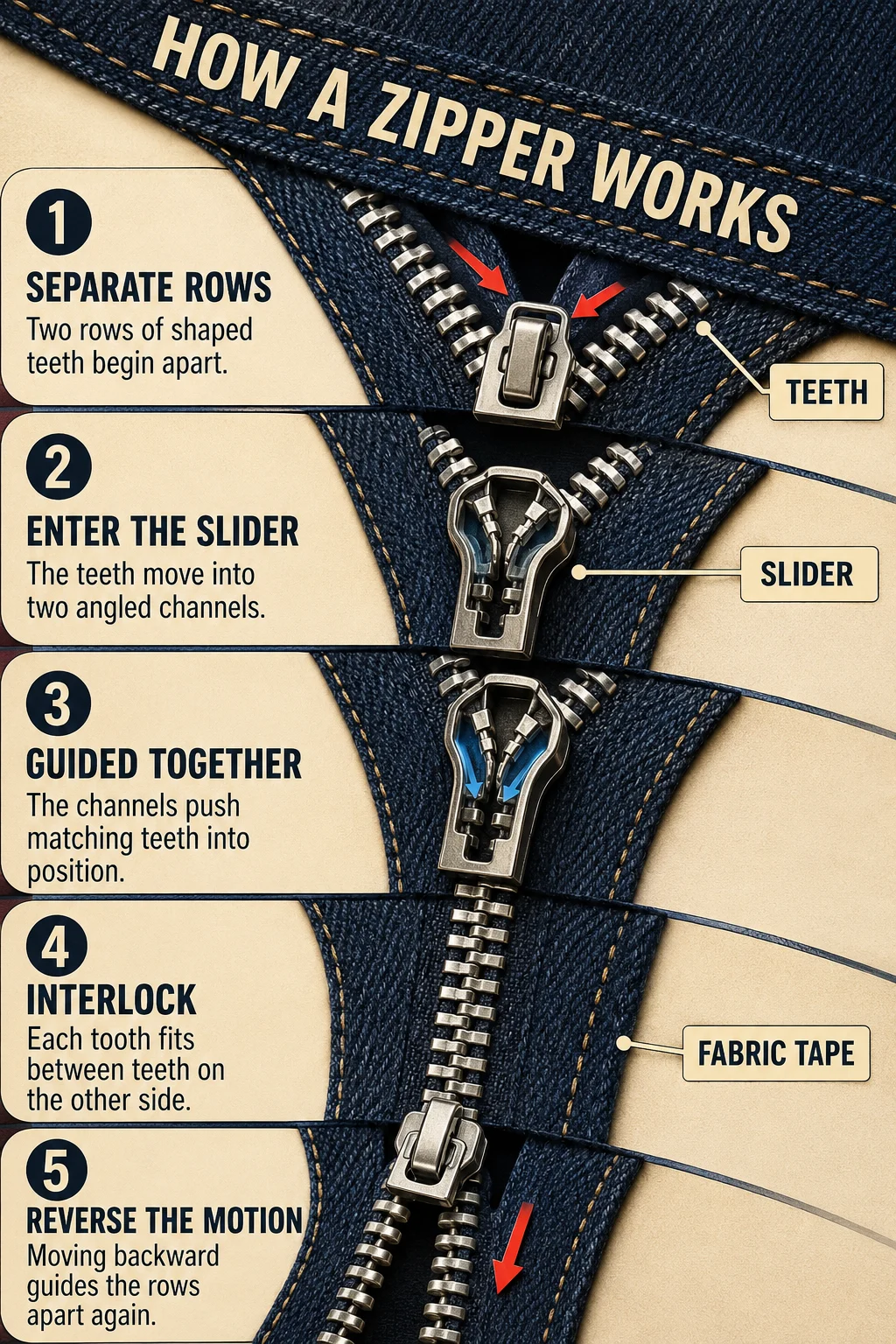 Macro cutaway of a zipper on dark denim showing separated teeth entering the slider, interlocked teeth, and reverse separation with labeled parts.